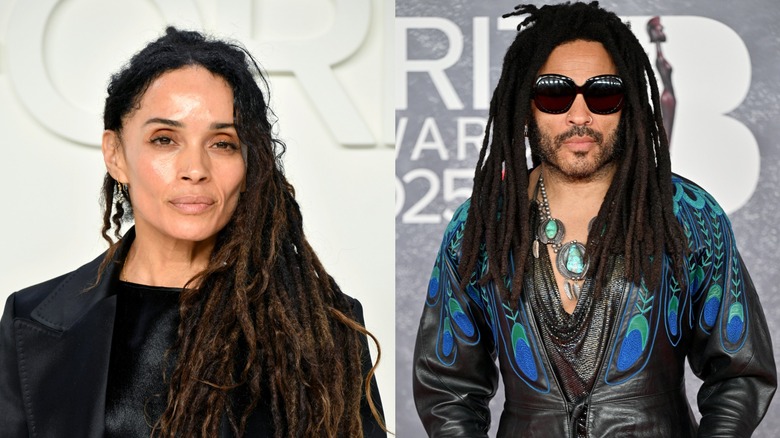 Split image of Lisa Bonet attending a Tom Ford show and Lenny Kravitz posing at the 2025 Brit Awards