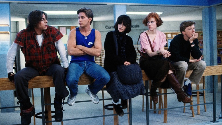 The cast of The Breakfast Club from left to right: Judd Nelson, Emilio Estevez, Ally Sheedy, Molly Ringwald, and Anthony Michael Hall