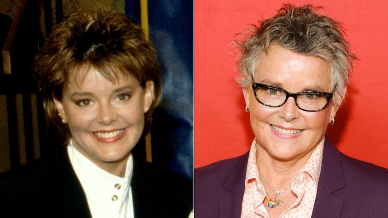 Split image of Amanda Bearse during "Married... With Children" circa 1990, and Amanda Bearse at 2022 premiere of "Bros"