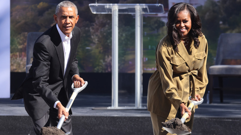 Barack and Michelle Obama breaking ground at the Obama Presidential Center in Chicago