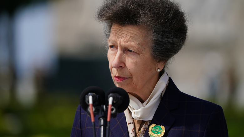 Princess Anne looks away from the camera as she stands in front of two microphones