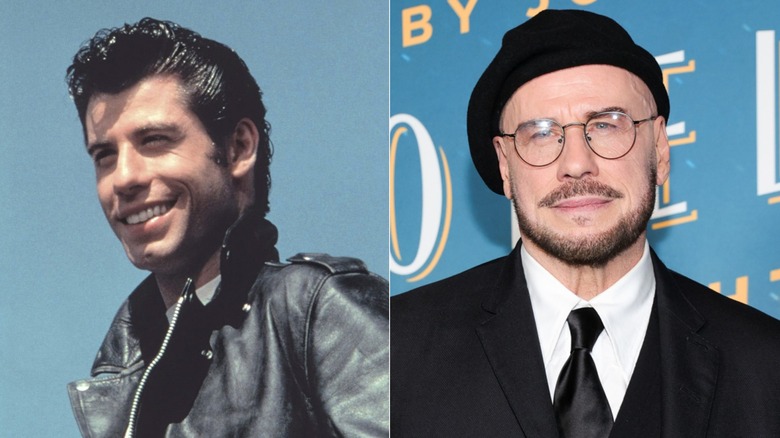 John Travolta in the 1978 film "Grease" & at the 2026 premiere of "Propeller One-Way Night Coach"
