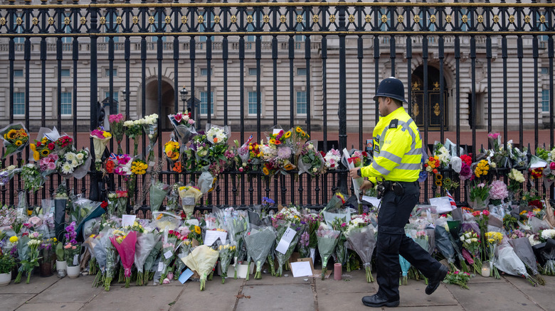 Police Officer making tribute outside of Buckingham Palace