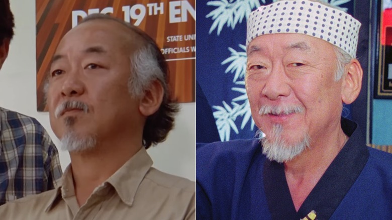 Split image of Pat Morita in "The Karate Kid" and in the 2000s