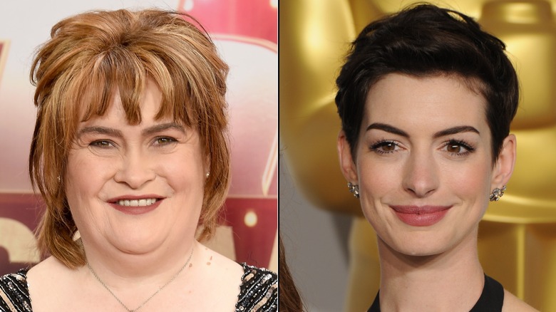 A split image of Susan Boyle and Anne Hathaway