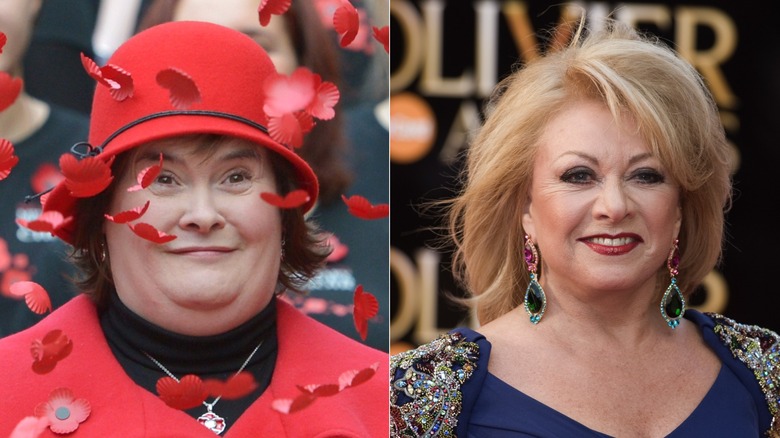 A split image of Susan Boyle, flower petals falling around her, and Dame Elaine Paige on a red carpet