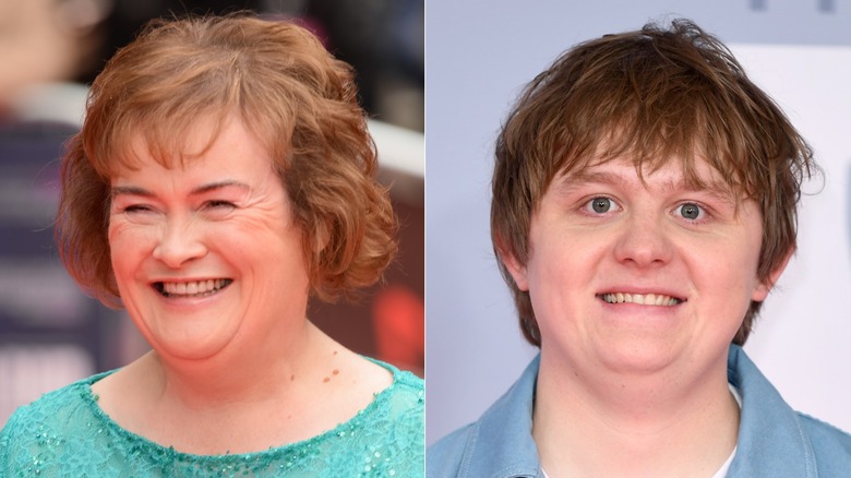 A split image of a smiling Susan Boyle and an uncomfortably-grinning Lewis Capaldi