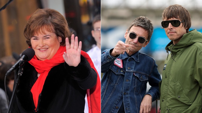 A split image of Susan Boyle, and Oasis, both waving
