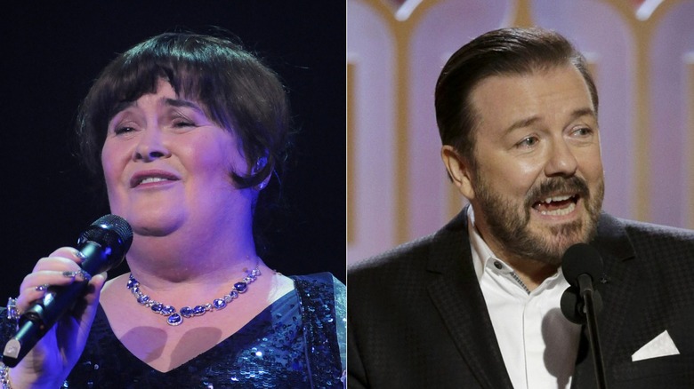 A split image of Susan Boyle and Ricky Gervais, both with microphones