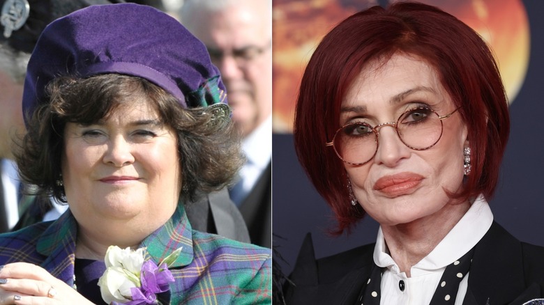 A split image of Susan Boyle in a big purple hat, and Sharon Osbourne on a red carpet
