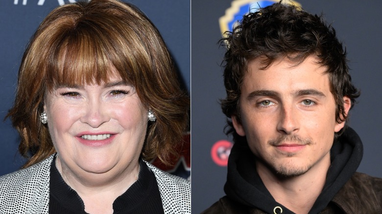 A split image of Susan Boyle and Timothee Chalamet on red carpets