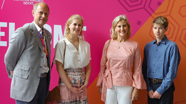 Prince Edward, Lady Louise Mountbatten-Windsor, Duchess Sophie, and James, Earl of Wessex smiling together