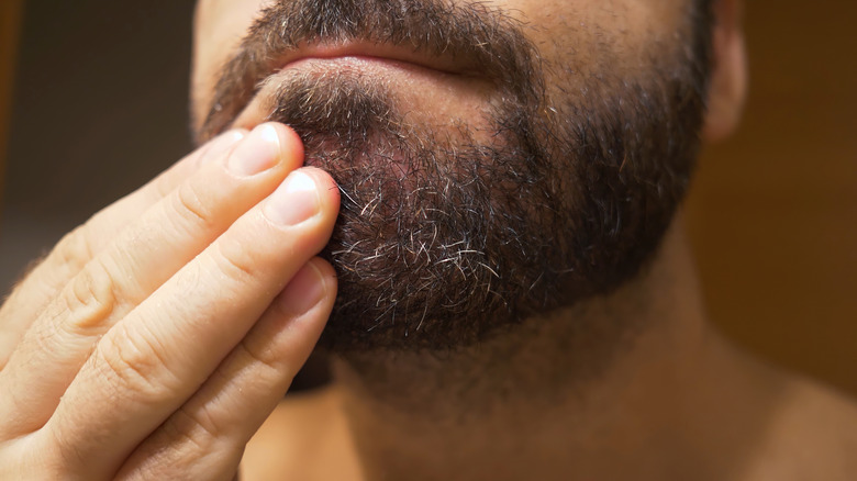 man touching beard