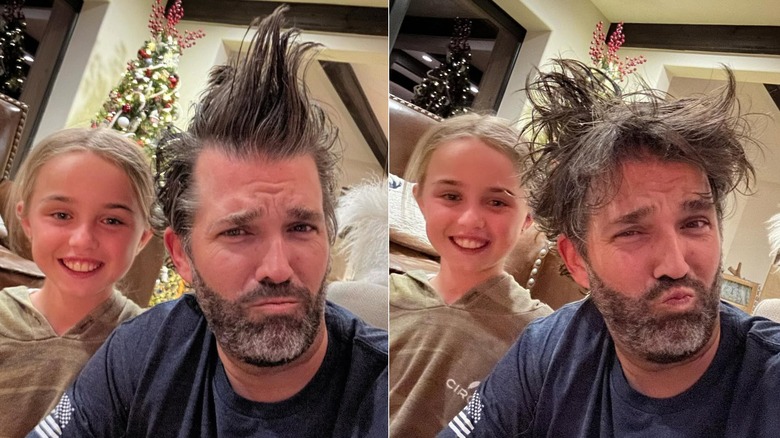 Donald Trump Jr. and his daughter Chloe Trump poses for photos together in December 2023 (2023); Donald Trump Jr. pouts while his daughter Chloe Trump smiles as they poses for photos together in December 2023