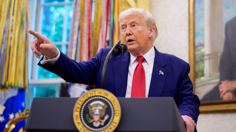 Donald Trump speaking at podium