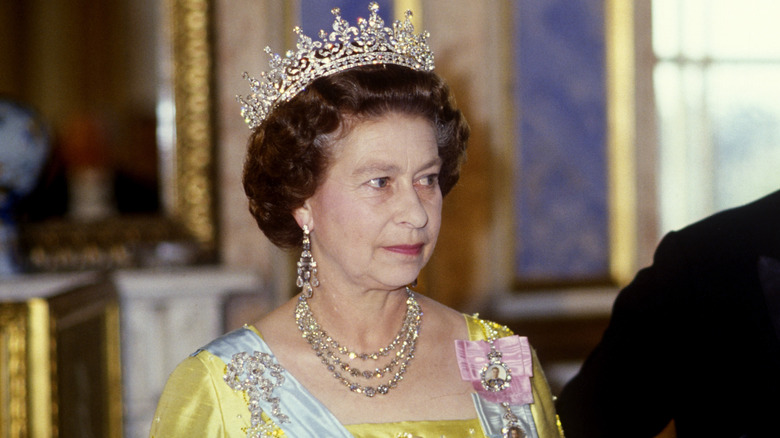 Middle-aged Queen Elizabeth II upclose wearing tiara