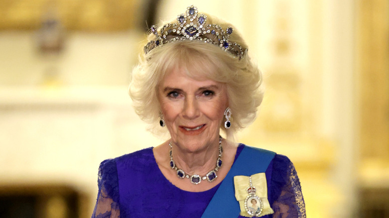 Queen Camilla wearing the sapphire suite
