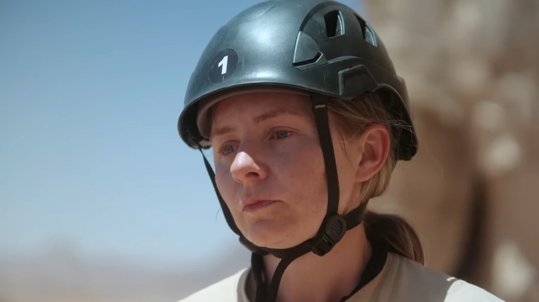 Beverley Mitchell wearing a helmet on Special Forces