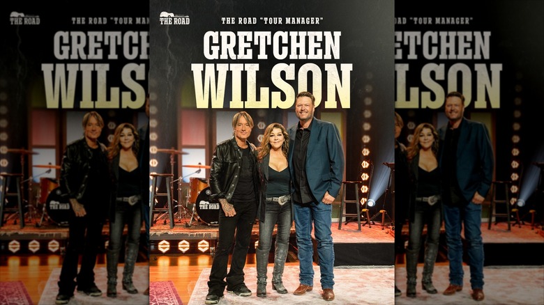 An advertisement for The Road on CBS, announcing Gretchen Wilson as "Tour Manager", featuring Keith Urban, Gretchen Wilson, and Blake Shelton