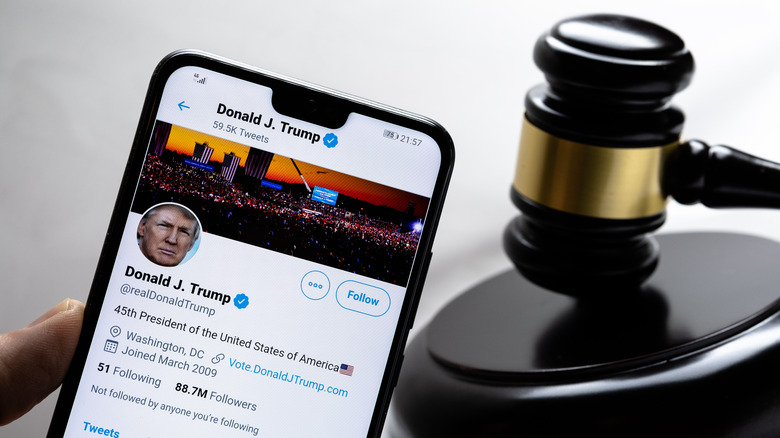 Trump's Twitter account with gavel in background