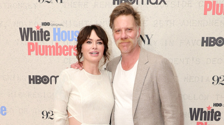 Lena Headey posing with actor Marc Mechaca at the "White House Plumbers" premiere