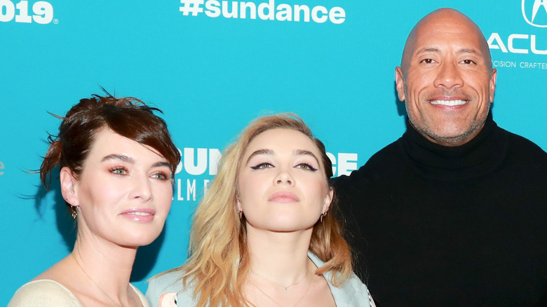 Lena Headey posing with Florence Pugh and Dwayne Johnson at Sundance Film Festival in 2019