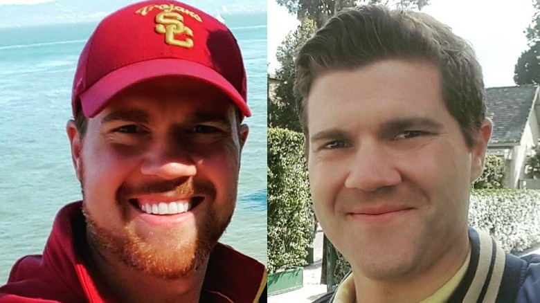 Actor Beau Wirick smiling in two side by side selfies; in one he is wearing a red hat with a beard, and in the other, he is smiling without a beard.