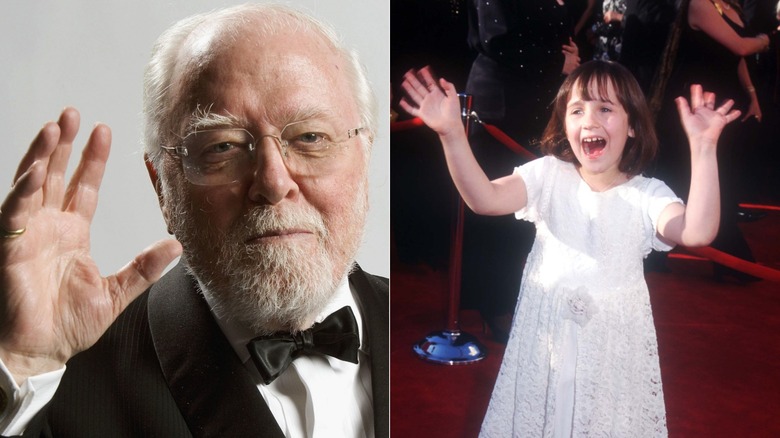 Sir Richard Attenborough and Mara Wilson, waving at the camera