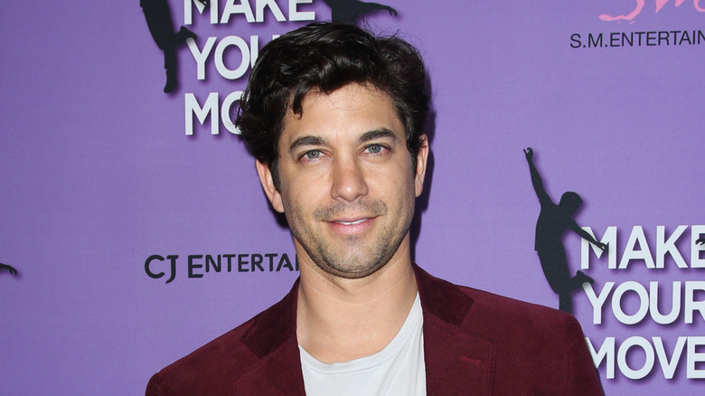 Adam Garcia smiling on the red carpet in a suit jacket while doing press for a performance