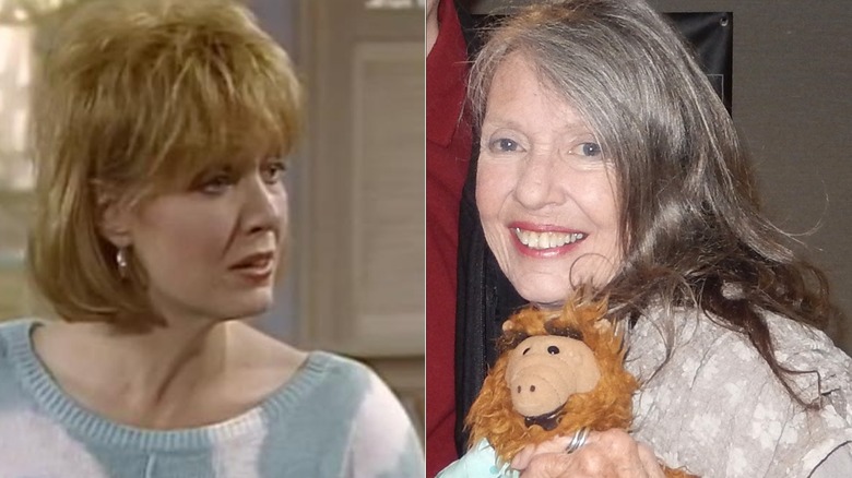 Split of an older Anne Schedeen holding an ALF doll & her Kate Tanner character