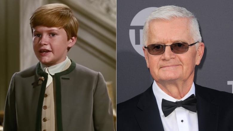 Split image of Duane Chase playing Kurt von Trapp in the Sound of Music and attending an event in a tuxedo.