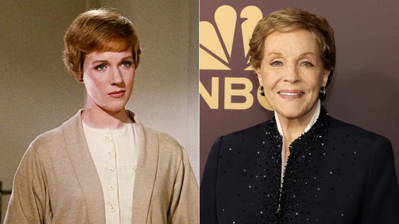 Split image of Julie Andrews acting in The Sound of Music and smiling in later years.
