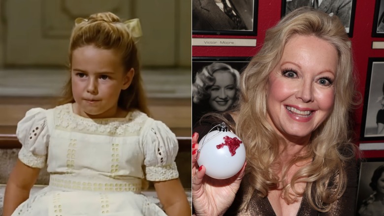 Split image of Kym Karath playing Gretl von Trapp and smiling while holding a Christmas ornament in later years.