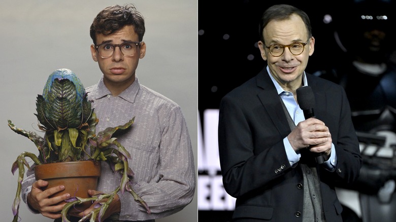 Side by side shots of Rick Moranis in Little Shop of Horrors and in 2026.
