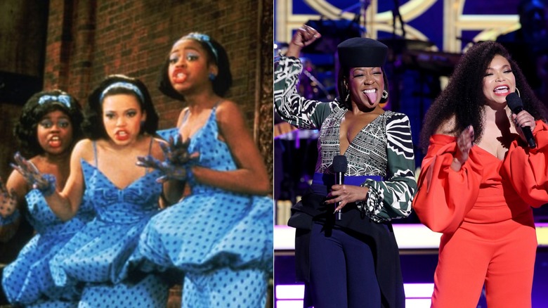 Side by side images of Tichina Arnold, Michelle Weeks, and Tisha Campbell in Little Shop of Horrors and Tichina Arnold and Tisha Campbell in 2021.