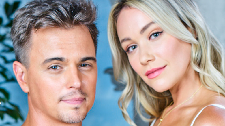 Darin Brooks and Katrina Bowden who play Wyatt Spencer and Fulton smiling softly