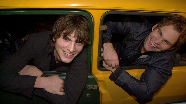 Ashton Kutcher and Seann William Scott inside a car for the premiere of Dude, Where's My Car?