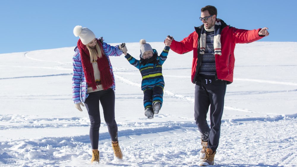 family playing in the snow