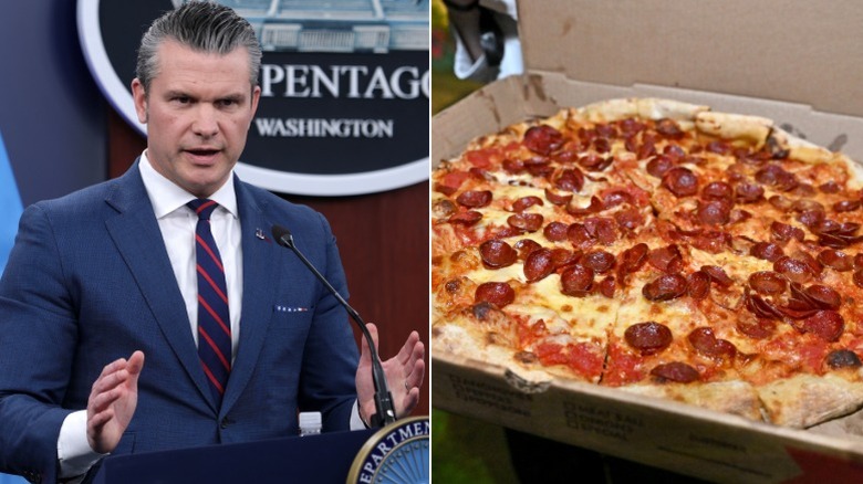 ﻿A photo of Pete Hegseth in front of a Pentagon sign next to a photo of a pepperoni pizza in an open box