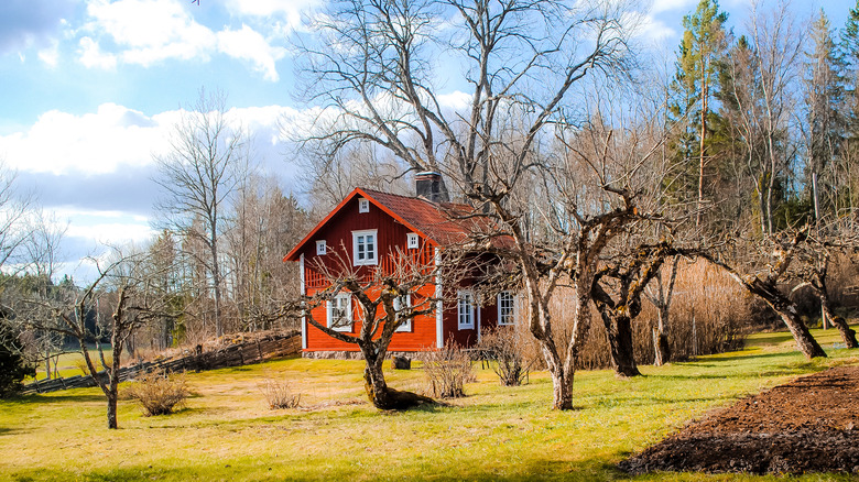 A red farmhouse with trees
