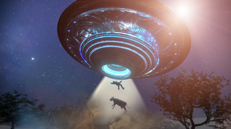 UFO abducting a man and a cow