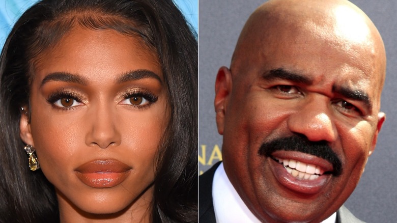 Lori Harvey and Steve Harvey looking and smiling at camera