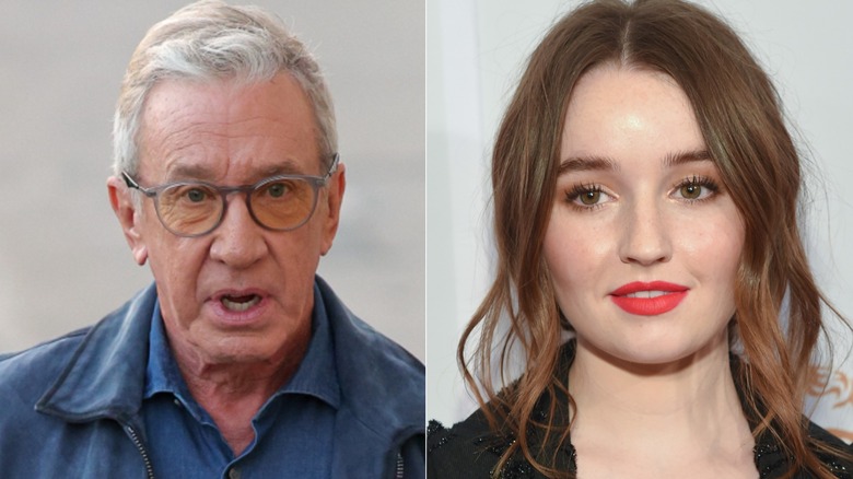 left image shows Tim Allen looking angry on a street, right image shows Kaitlyn Dever smiling on the red carpet of an event