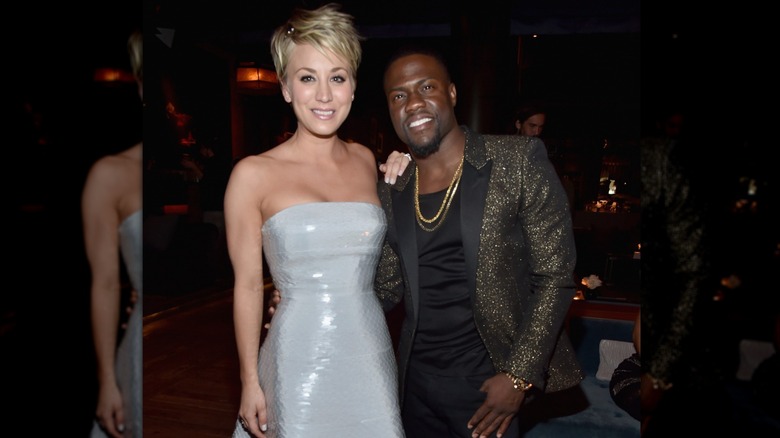 Kaley Cuoco and Kevin Hart posing at the after party for the premiere of "The Wedding Ringer" (2015)