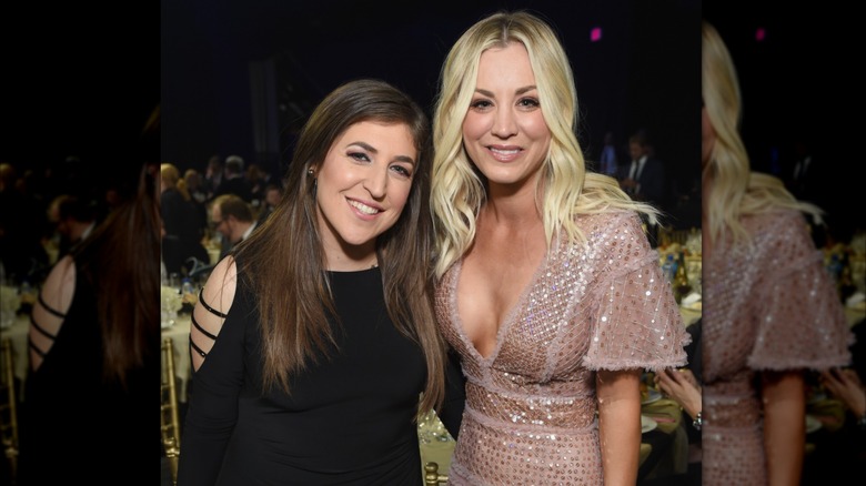Mayim Bialik and Kaley Cuoco posing at Moet & Chandon celebrate The 23rd Annual Critics' Choice Awards at Barker Hangar (2018)