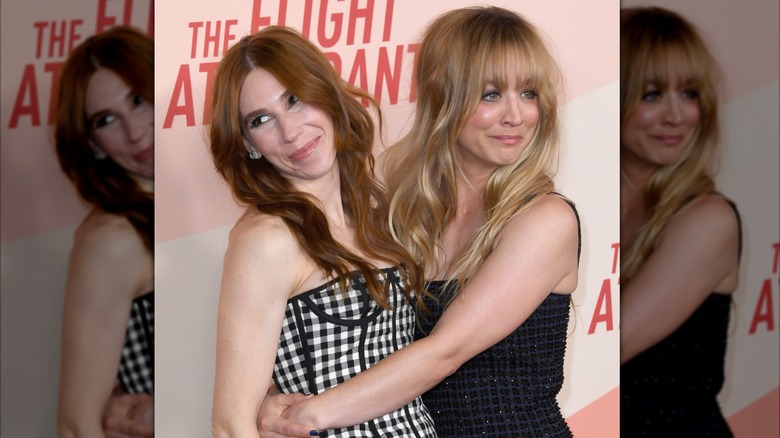 Zosia Mamet and Kaley Cuoco hugging at the Season 2 premiere "The Flight Attendant"(2022)