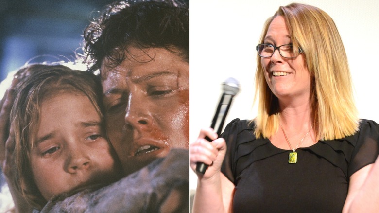 Split of Carrie Henn with Sigourney Weaver in "Aliens" and in 2026 holding a mic