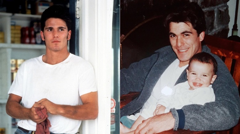 Split of Michael Schoeffling in the 80s and a later photo of him holding baby daughter Scarlett