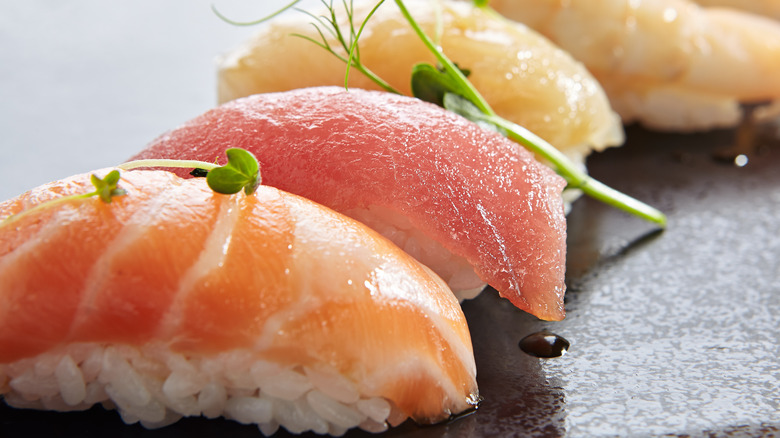 A slate of nigiri sushi