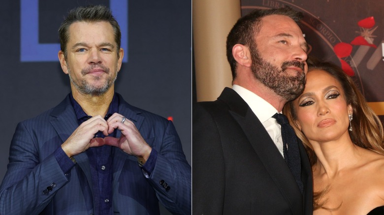 Half and half of Matt Damon beside Ben Affleck and Jennifer Lopez